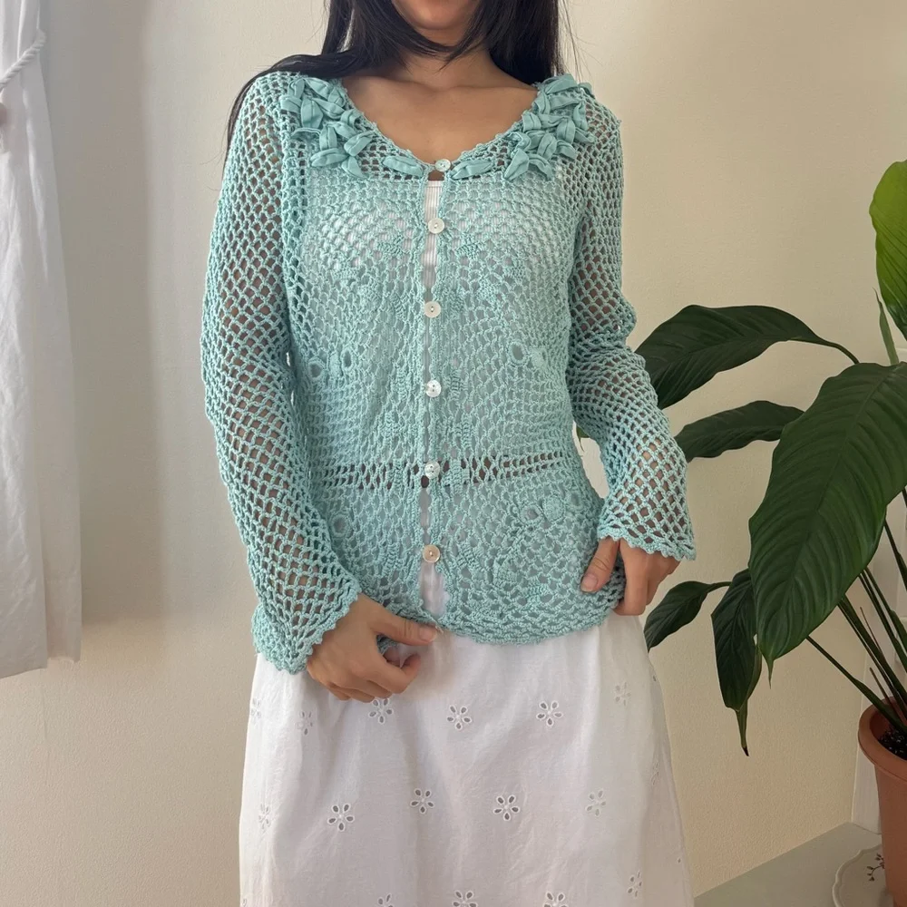 Modern Soul Linen Cotton Blend Crochet Light Blue Button Front Cardigan Size XS - Picture 1 of 11